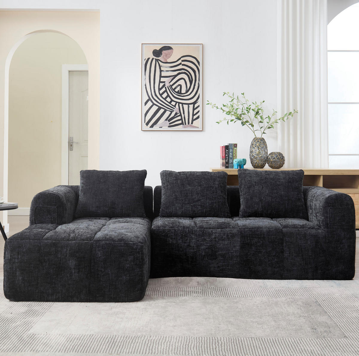 SOFA mit Chaiselongue 250 x 158 cm Chenille Black - Schwarz, Textil (158/250cm) - Meubliv