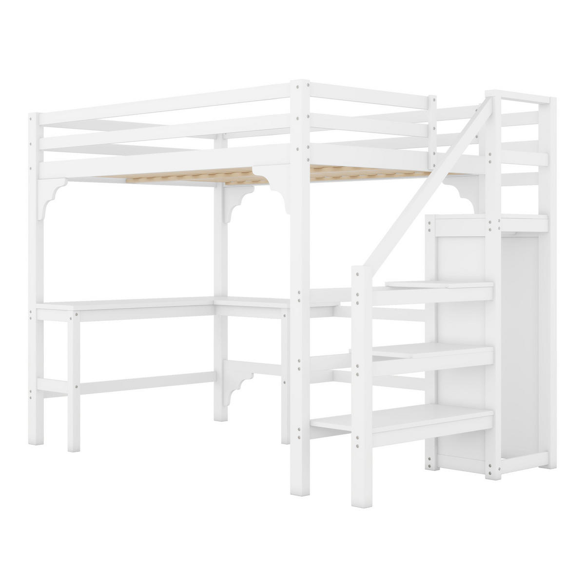 HOCHBETT 140/200 cm in Weiß mit Schreibtisch und offenem Kleiderschrank - Weiß, Holz (140/200cm) - Flora Grace