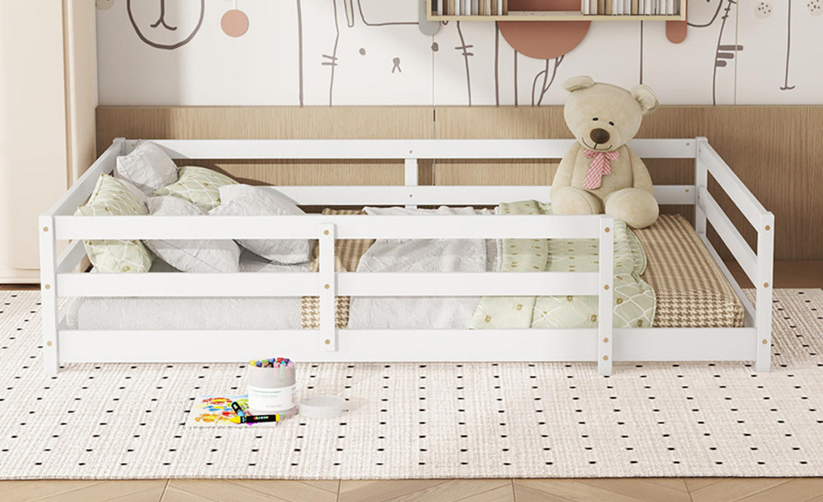KINDERBETT 140/200 cm weiß aus Kiefernholz mit 4-seitigem Gitter - Weiß, Holzwerkstoff (140/200cm) - OKWISH