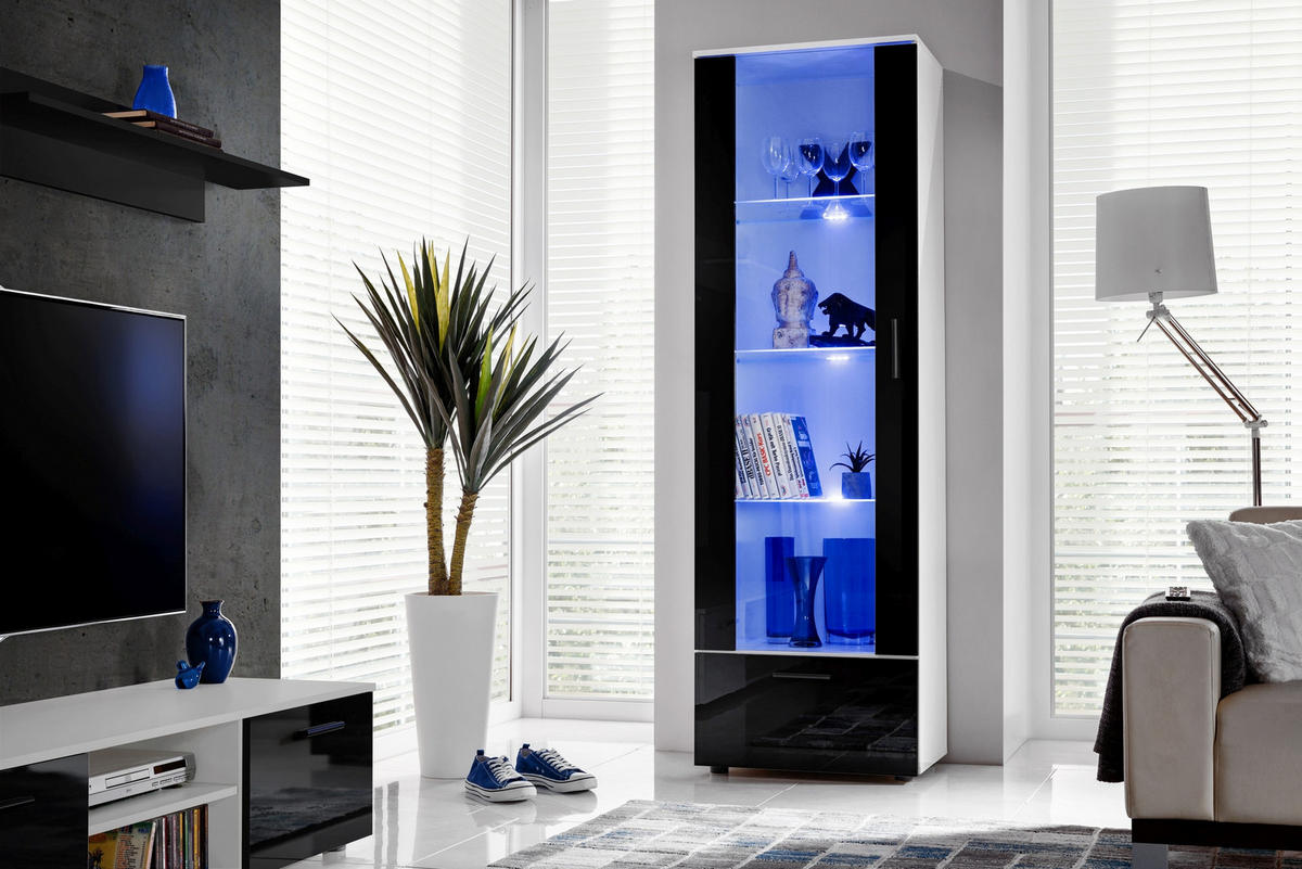 VITRINE ALESSANDRIA, Schwarz, LED Blau - Schwarz/Weiß, Glas/Holzwerkstoff (60/192/42cm) - Komodee