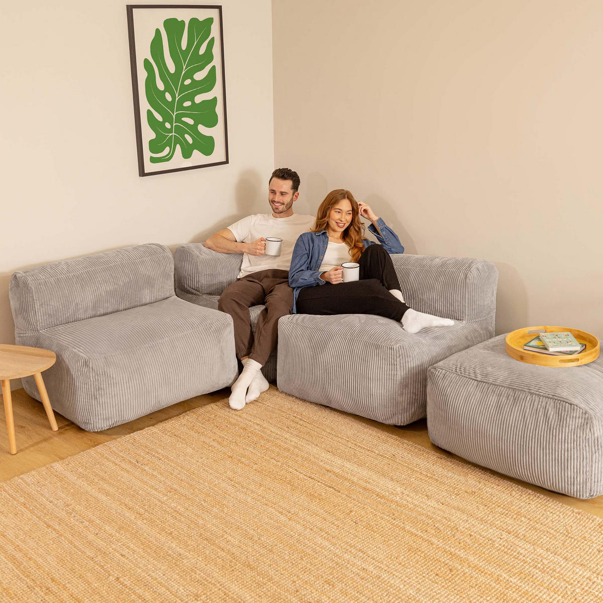 SITZSACK-SOFA 4-tlg. ZEN: Ecksessel, 2 Sessel, Fußstütze - Grau, Textil (385/68/100cm) - icon