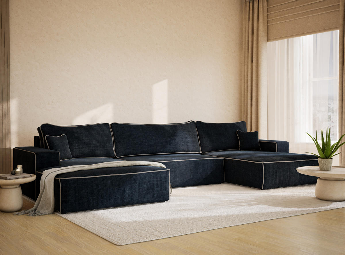 WOHNLANDSCHAFT Deseo Dunkelblau-Grau Chenille-Stoff - Schwarz/Dunkelblau, Holz/Holzwerkstoff (398/70/148cm) - Maison de Reve