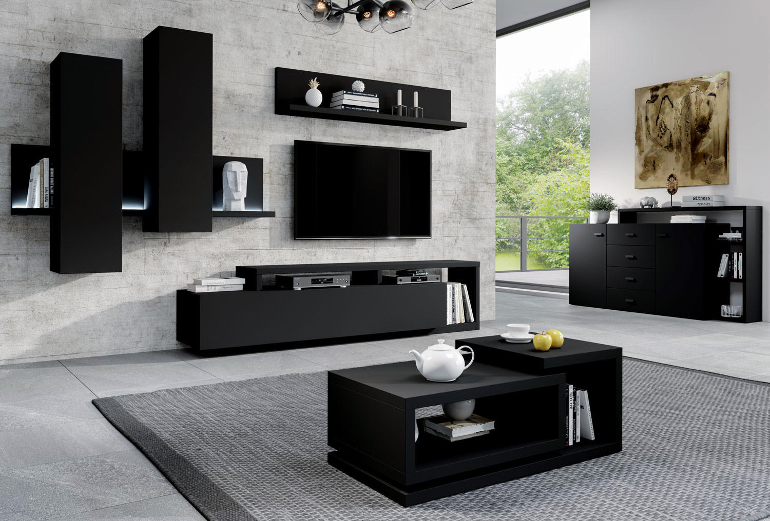 WOHNZIMMER-SET Bota schwarz matt 821x60x142cm - Schwarz, Holz/Holzwerkstoff (821/142/60cm) - Feldmann-Wohnen