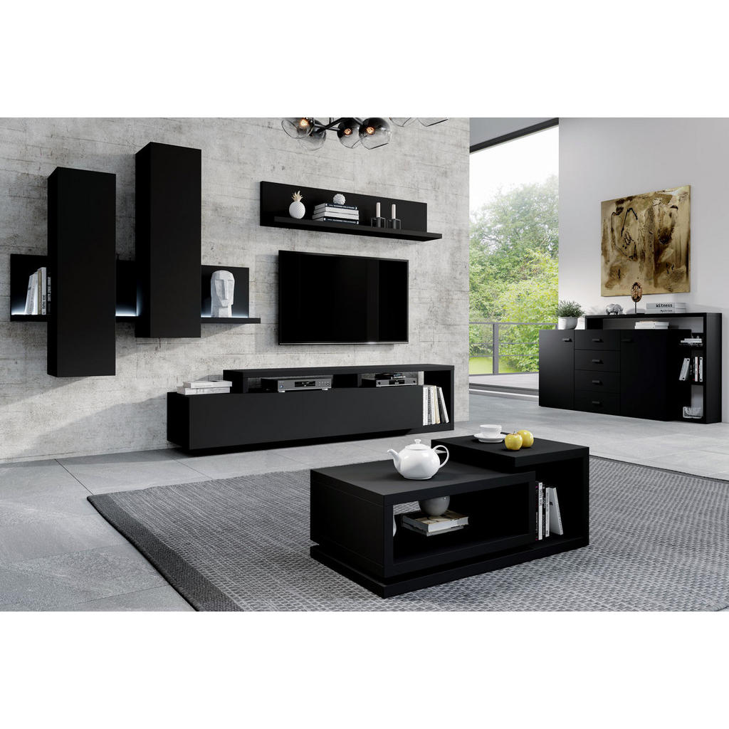 Thumbnail - Feldmann-Wohnen Wohnzimmer-Set, Schwarz, Schwarz, Holz, 6 Fächer, 5 Schubladen, Rechteckig,Rechteckig, 821x142x60 cm, Wo...