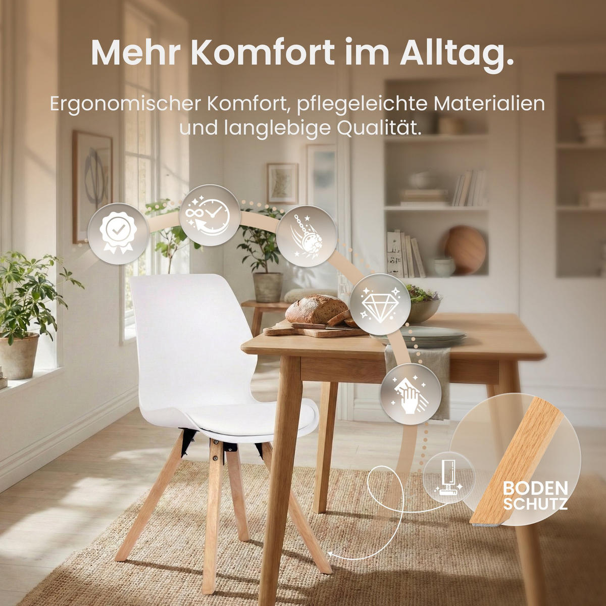 STUHL 4er Set Kunststoff Weiß - Eukalyptusholzfarben/Weiß, Holz/Kunststoff (49/87/58cm) - CLP