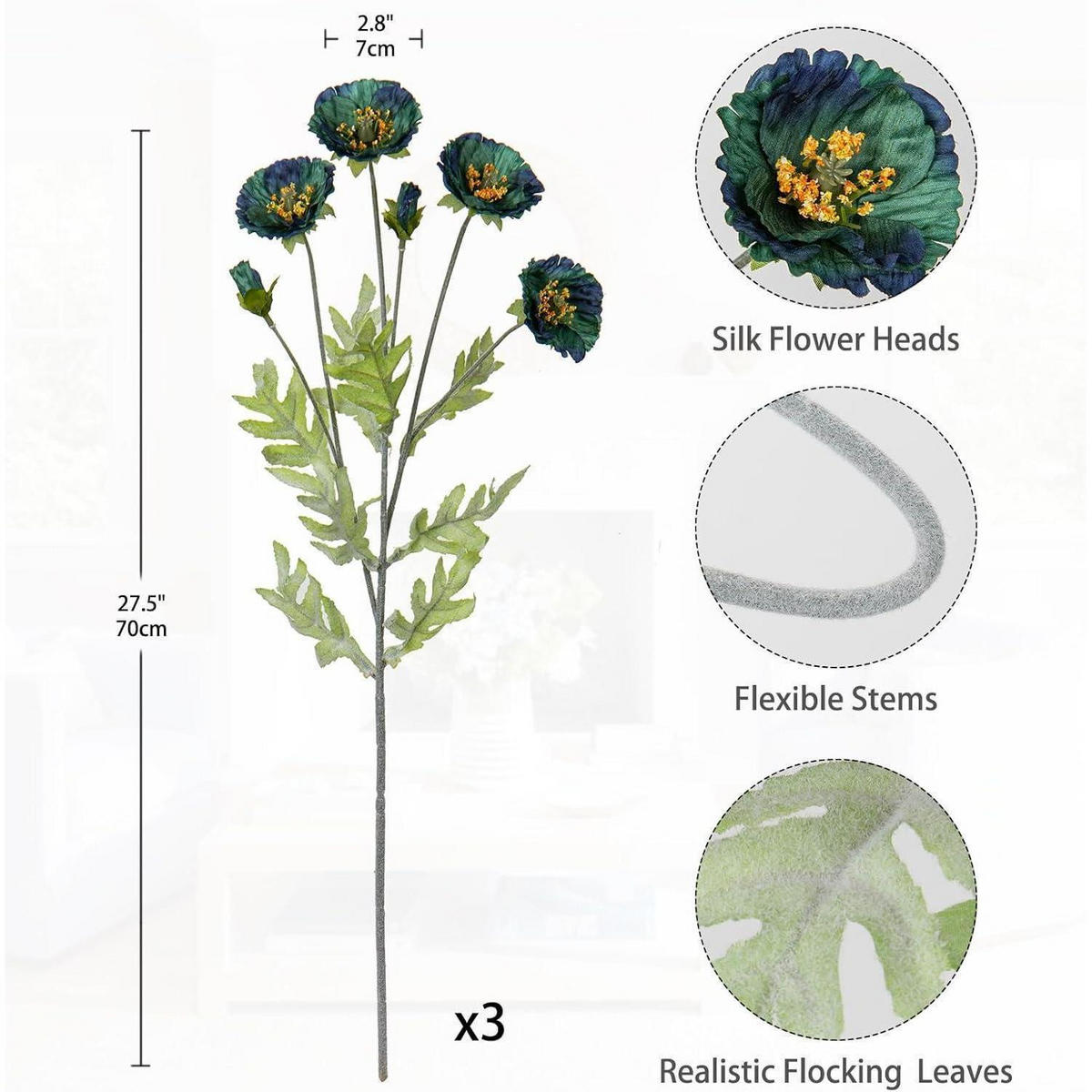 KUNSTBLUMEN 3er Set Mohnblume Höhe 70cm - Multicolor, Textil (70cm)