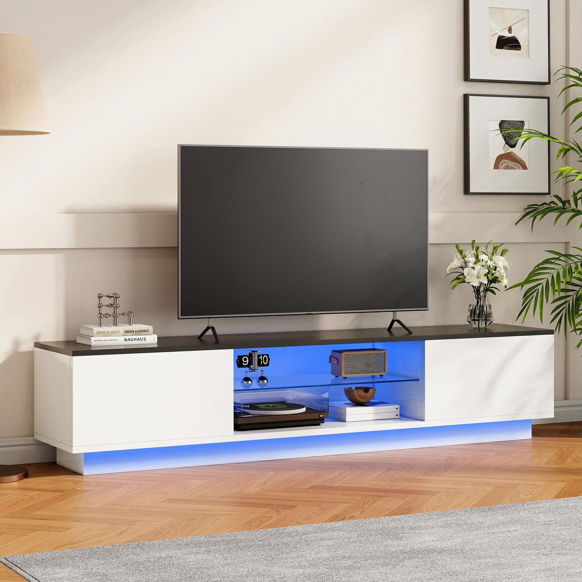 TV LOWBOARD 160x32x35 cm LED 16 Farben Türen Holz weiß schwarz - Weiß, Holz (160/42/32cm) - LEBENLANG