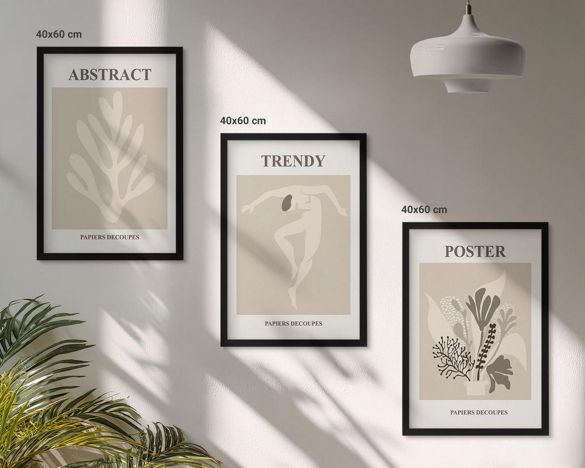 BILDER SET 3er Set - 40x60 cm Schwarzer Rahmen - Blumenmuster beige braun - Schwarz, Kunststoff (40/60cm) - TULUP