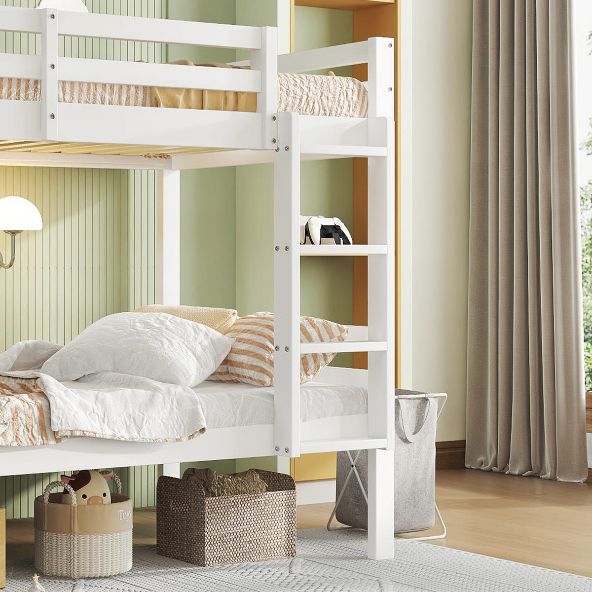 ETAGENBETT 90/200 cm Weiß aus Kiefer mit Absturzsicherung und Winkelleiter - Weiß, Holzwerkstoff (90/200cm) - OKWISH