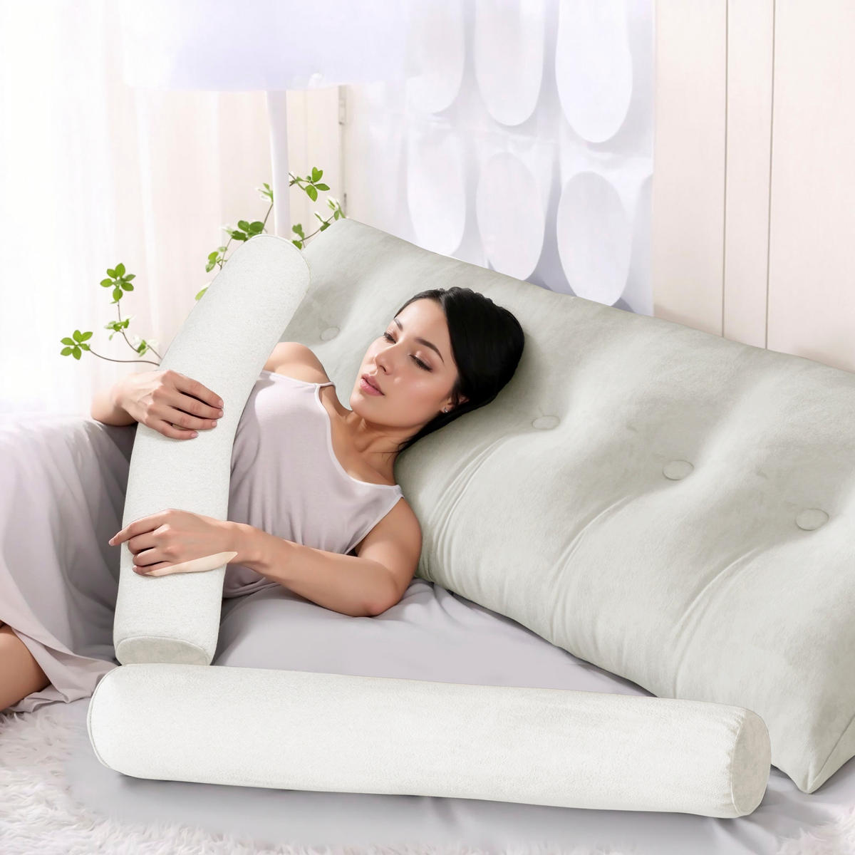 KEILKISSEN mit einem runden Kissen 3er-Set Samt Weiß 160cm - Weiß, Textil (20/160cm) - Vercart