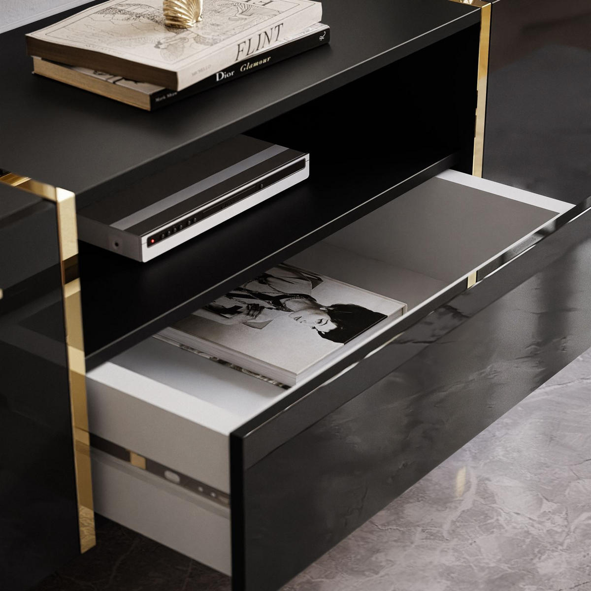 TV-ELEMENT ONYX HOCHGLANZ 158 CM PUSH OPEN - Schwarz, Holzwerkstoff (158/46/41.3cm) - Lookway