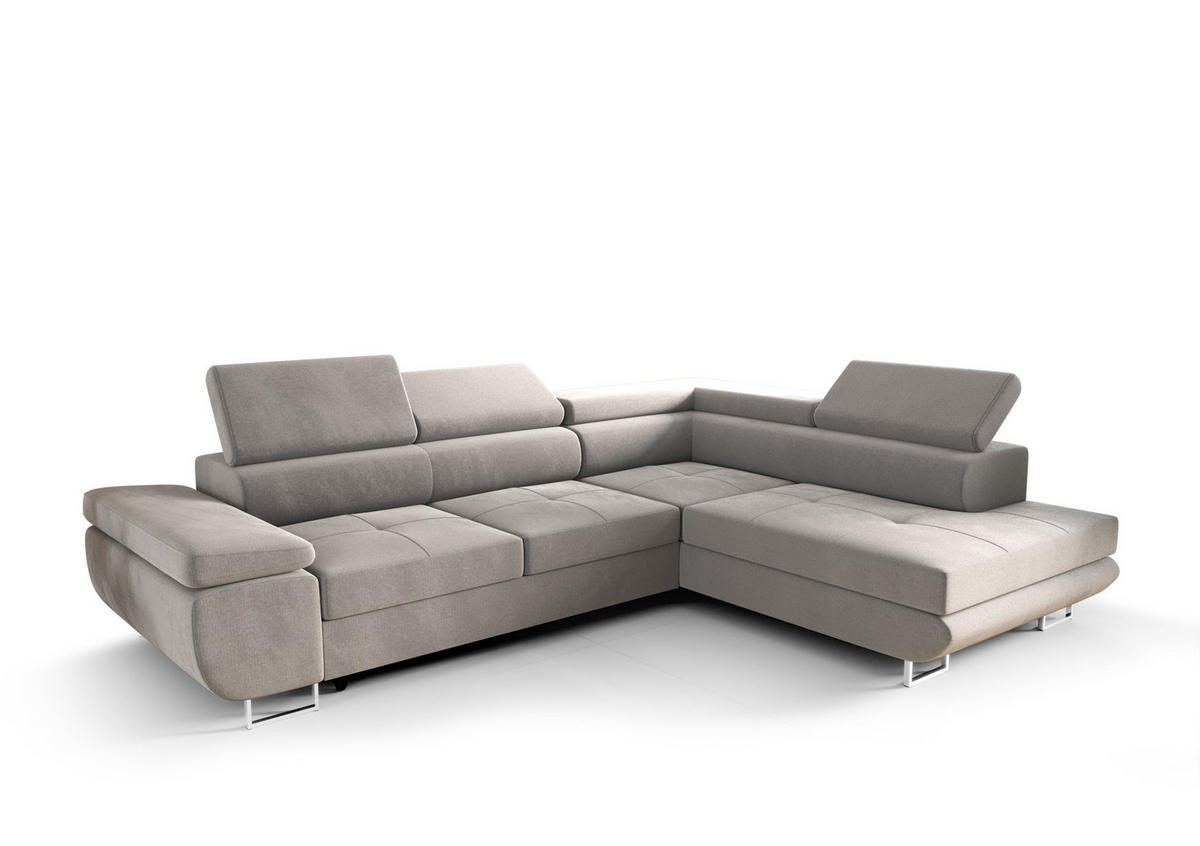 ECKSOFA PRAGA DESIGN L, Eckcouch in L-Form mit Schlaffunktion, Farbe: Hellgrau, Velourstoff, Ottomane Universal - Grau, Textil (275/202cm) - O-Sofa