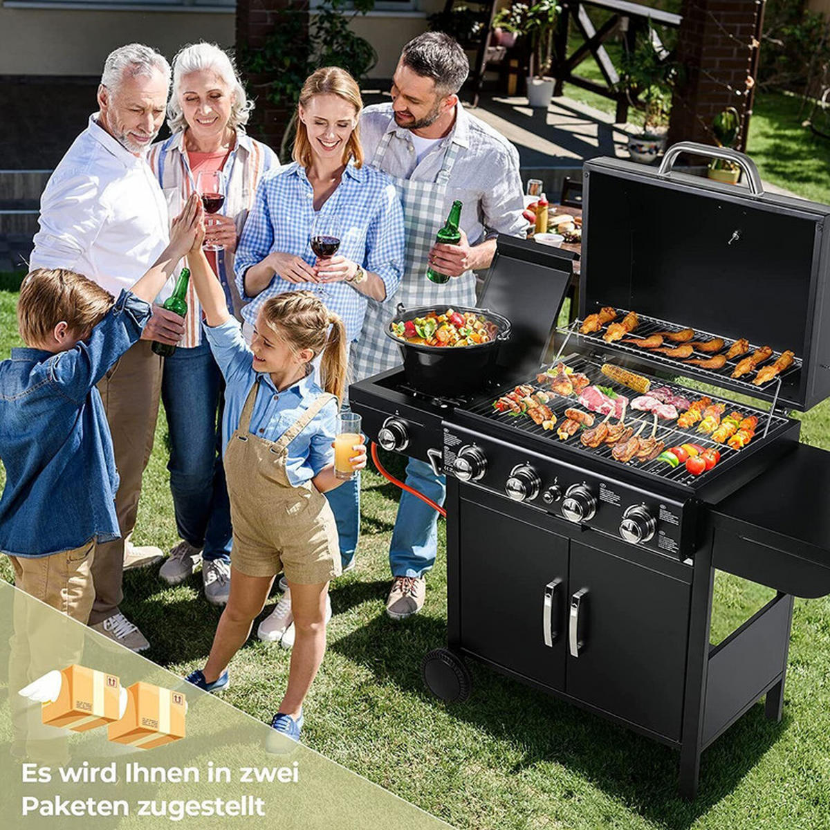 GASGRILL mit Wagen – 4 Brenner, Piezozündung, Thermometer - Schwarz, Metall (42/76/133cm) - Auledio