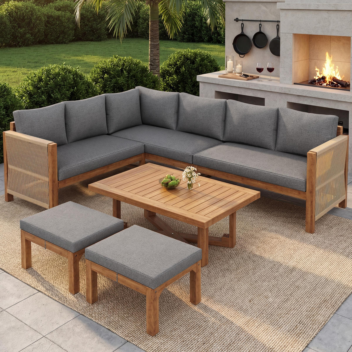 GARTENMÖBEL-SET 227/175/67 cm grau aus Akazienholz mit modularem Aufbau - Grau, Holzwerkstoff - OKWISH