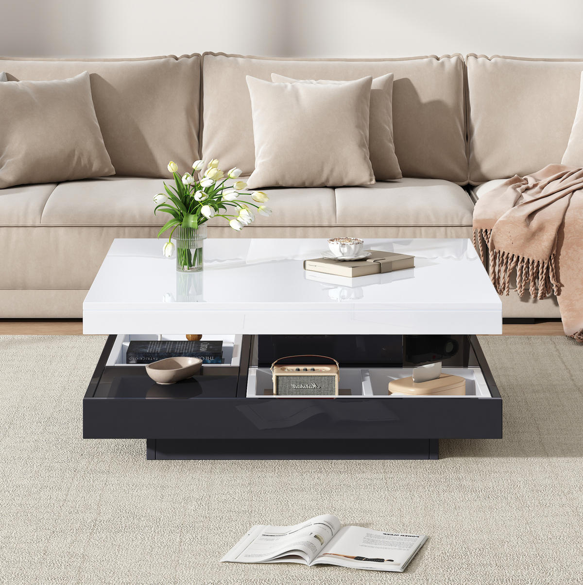 COUCHTISCH drehbar 70x70 cm Hochglanz Weiß Schwarz - Schwarz, Holzwerkstoff (70/70/36cm) - Meubliv