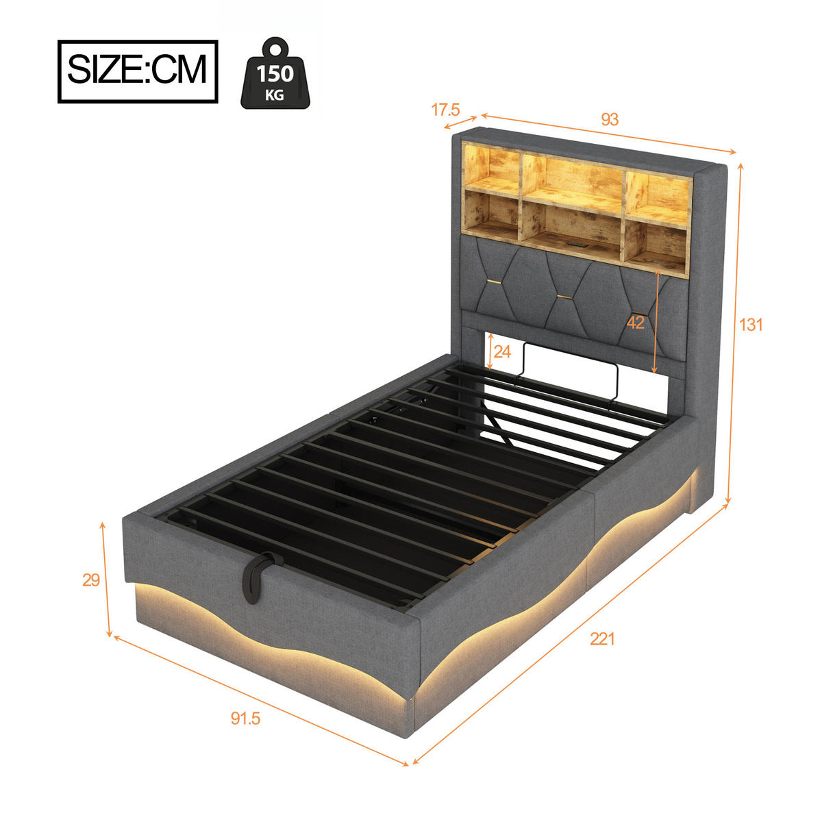 KINDERBETT 90/200 cm Grau mit hydraulischem Stauraum und LED-Beleuchtung - Grau, Metall (90/200cm) - OKWISH