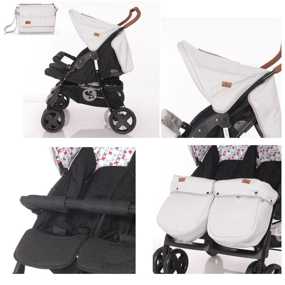 GESCHWISTERKINDERWAGEN TWIN schwarz gemustert Wickeltasche Einhand-Klappsystem Fußabdeckung - Schwarz, Metall (86/84/110cm) - Lorelli