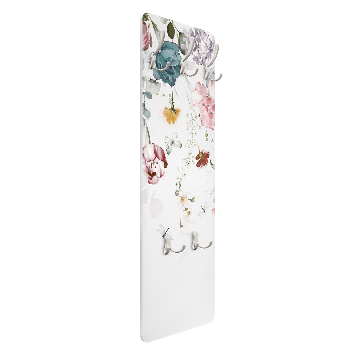 WANDGARDEROBE - Rankende Blumen mit Schmetterlingen Aquarell 34/105 cm - Pastellblau, Holzwerkstoff (34/105/1.6cm) - Bilderwelten