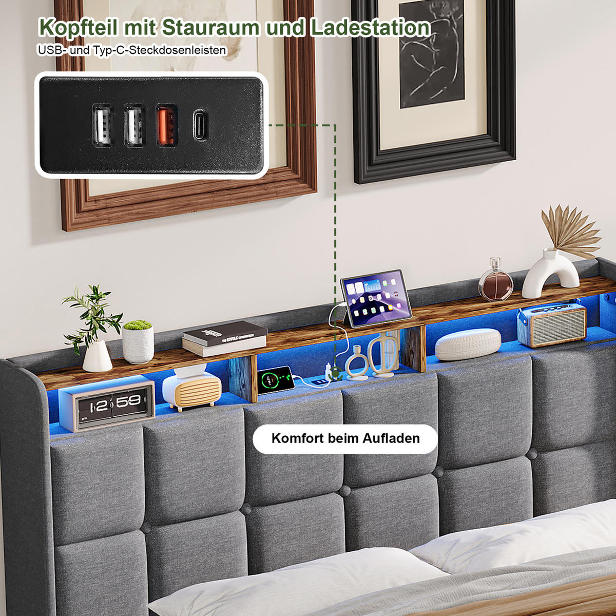 POLSTERBETT 160x200 cm Grau mit LED Beleuchtung, Kopfteil mit Stauraum und USB/Type-C, hydraulisches Stauraumbett - Grau, Metall (160/200cm) - EuroLiving