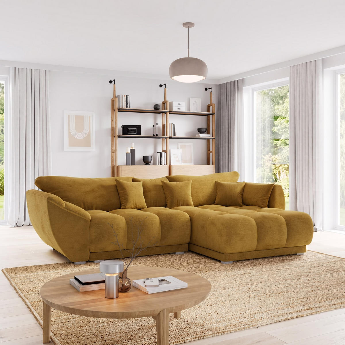 ECKSOFA LARGO Rechts Gelb Velours-Stoff L-Form Couch mit Schlaffunktion & Bettkasten - Gelb/Schwarz, Holz (285/180cm) - Barchello
