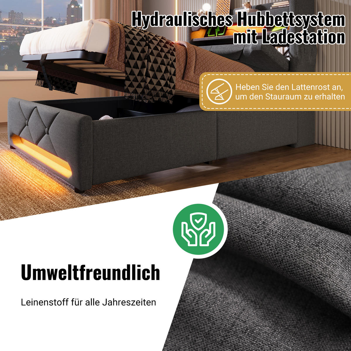 POLSTERBETT aus Leinen 180x200 cm in Grau mit LED & USB/Typ-C - Grau, Textil (180/200cm) - Modfu