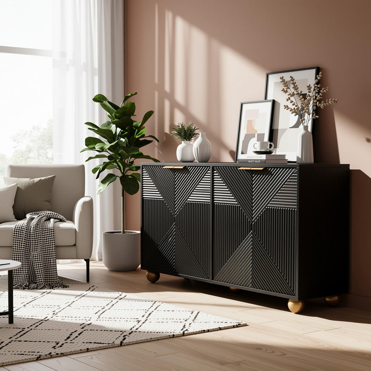 SIDEBOARD 120 cm in Schwarz mit 3D-Relief-Fronten & 4 Türen - Schwarz, Holzwerkstoff/Metall (120/72/35cm) - Urban Meuble