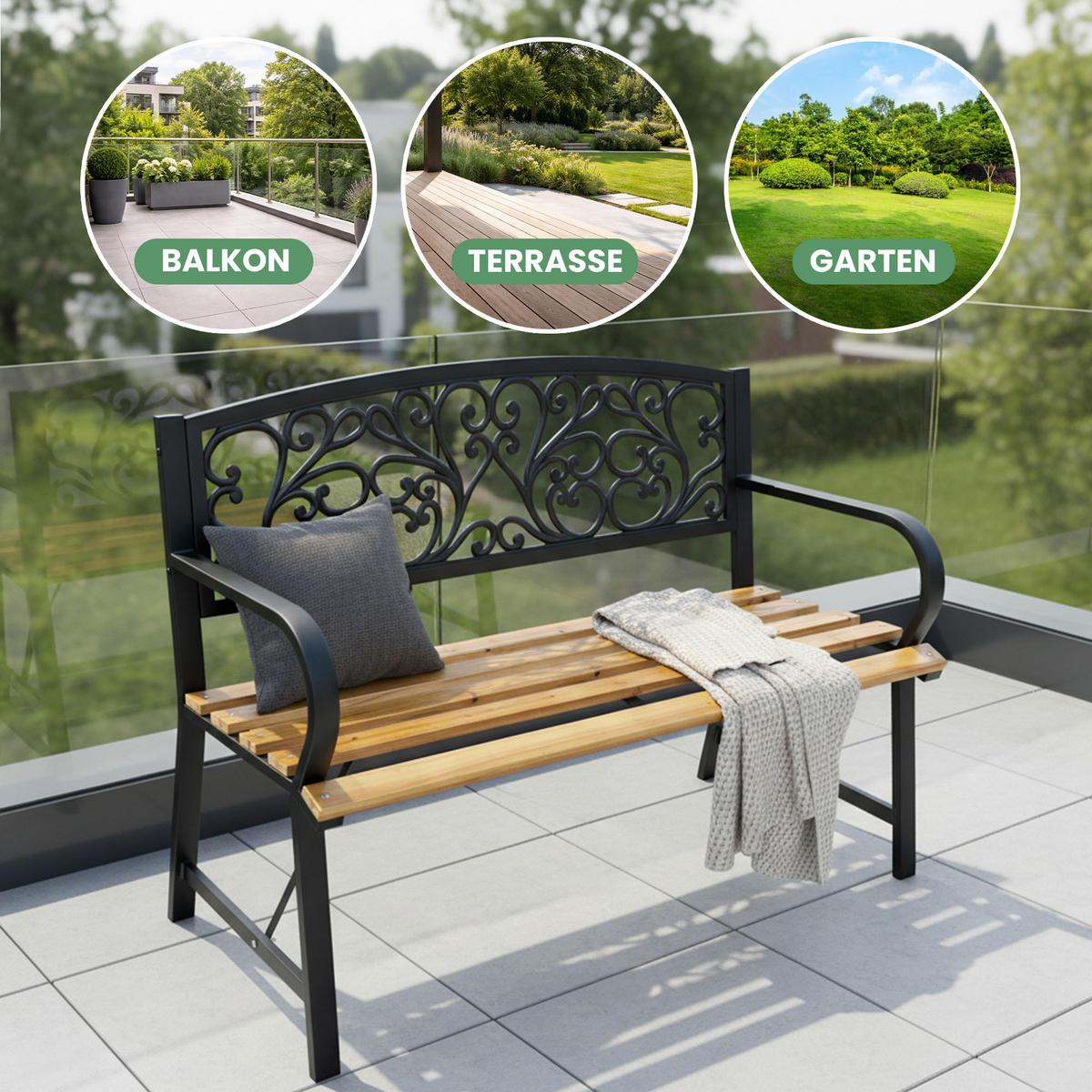 GARTENBANK NERINA Schwarz 118 x 87 x 51,5 cm - Schwarz/Braun, Holz/Metall (118/87/51.5cm) - Akord