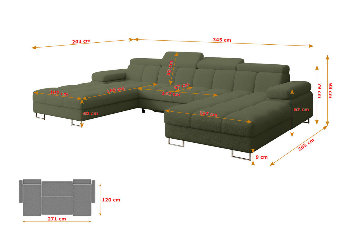 WOHNLANDSCHAFT mit Schlaffunktion und Bettkasten COMA U2 345x203x79 Grün Bouclé - Smaragdgrün, Holzwerkstoff/Textil (345/79/203cm) - ALTDECOR