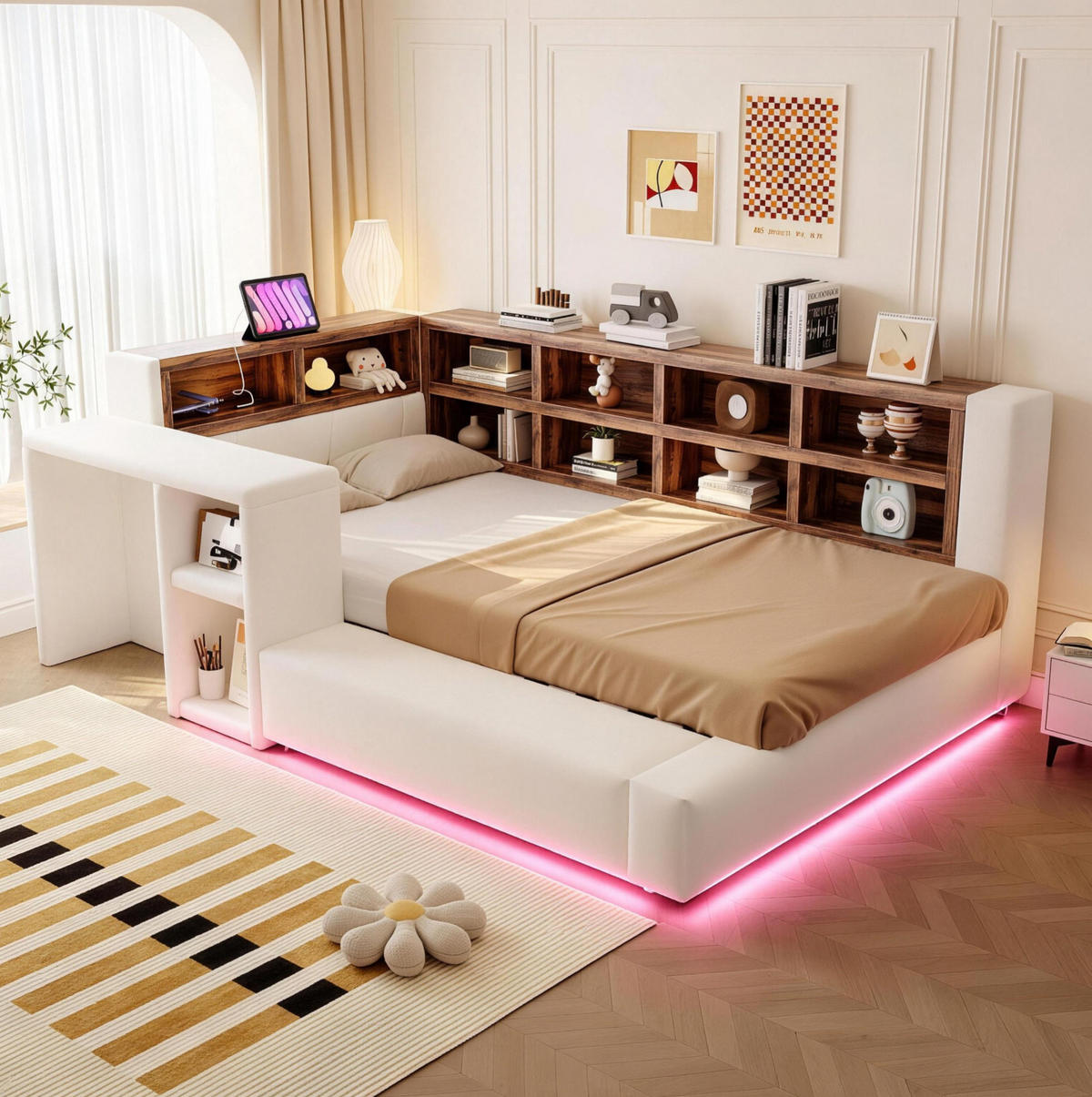 POLSTERBETT 90/200 cm aus Samtstoff mit LED-Beleuchtung und Steckdosen, Beige - Beige, Textil (90/200cm) - OKMYHOME