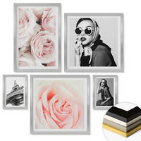 WANDBILDER 5er Set - 50x50 cm & 20x30 cm & 40x60 cm Silberner Rahmen - Blumen, Pfingstrosen, Rosen, Eleganz - Silberfarben, Kunststoff (40/60cm) - ArtPrintCave
