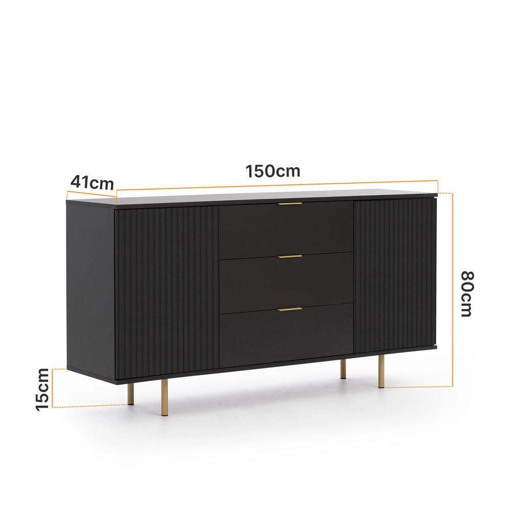 Thumbnail - Ravio Kommode, Schwarz, Holzwerkstoff, 3 Schubladen, 150x80x41 cm, Wohnzimmer, Kommoden & Sideboards, Sideboards