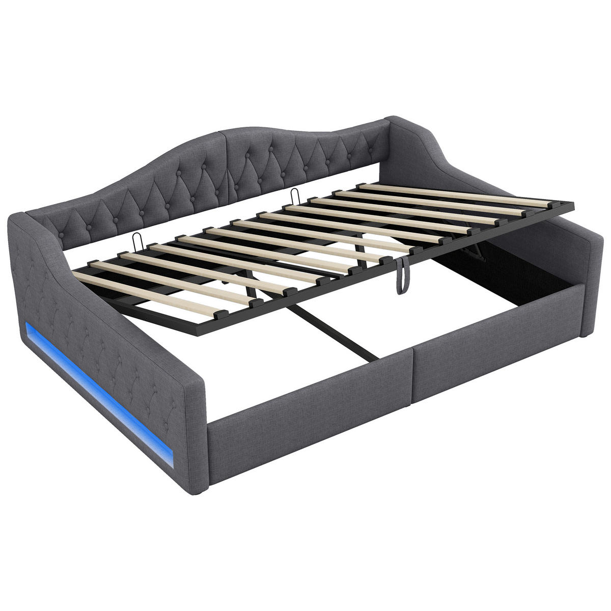 POLSTERBETT 140/200 cm Grau mit LED-Beleuchtung und Stauraum aus Leinen - Grau, Holzwerkstoff (140/200cm) - OKWISH