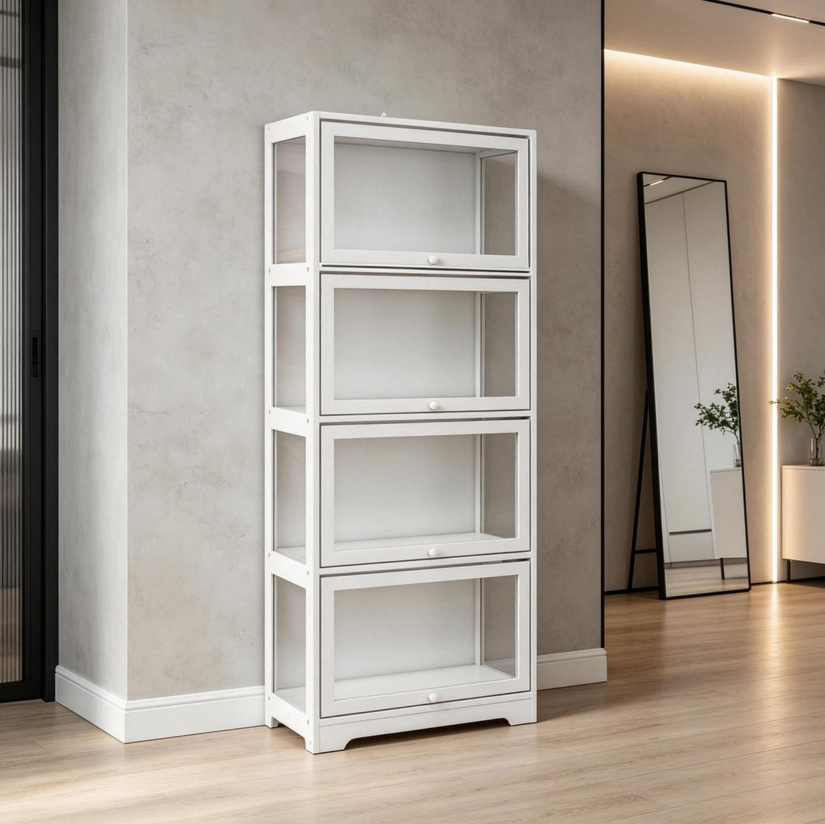 VITRINENSCHRANK in Weiß 59x30x139 cm mit 4 Fächern und Schiebetüren - Weiß, Holzwerkstoff (30/139/59cm) - IVMEU