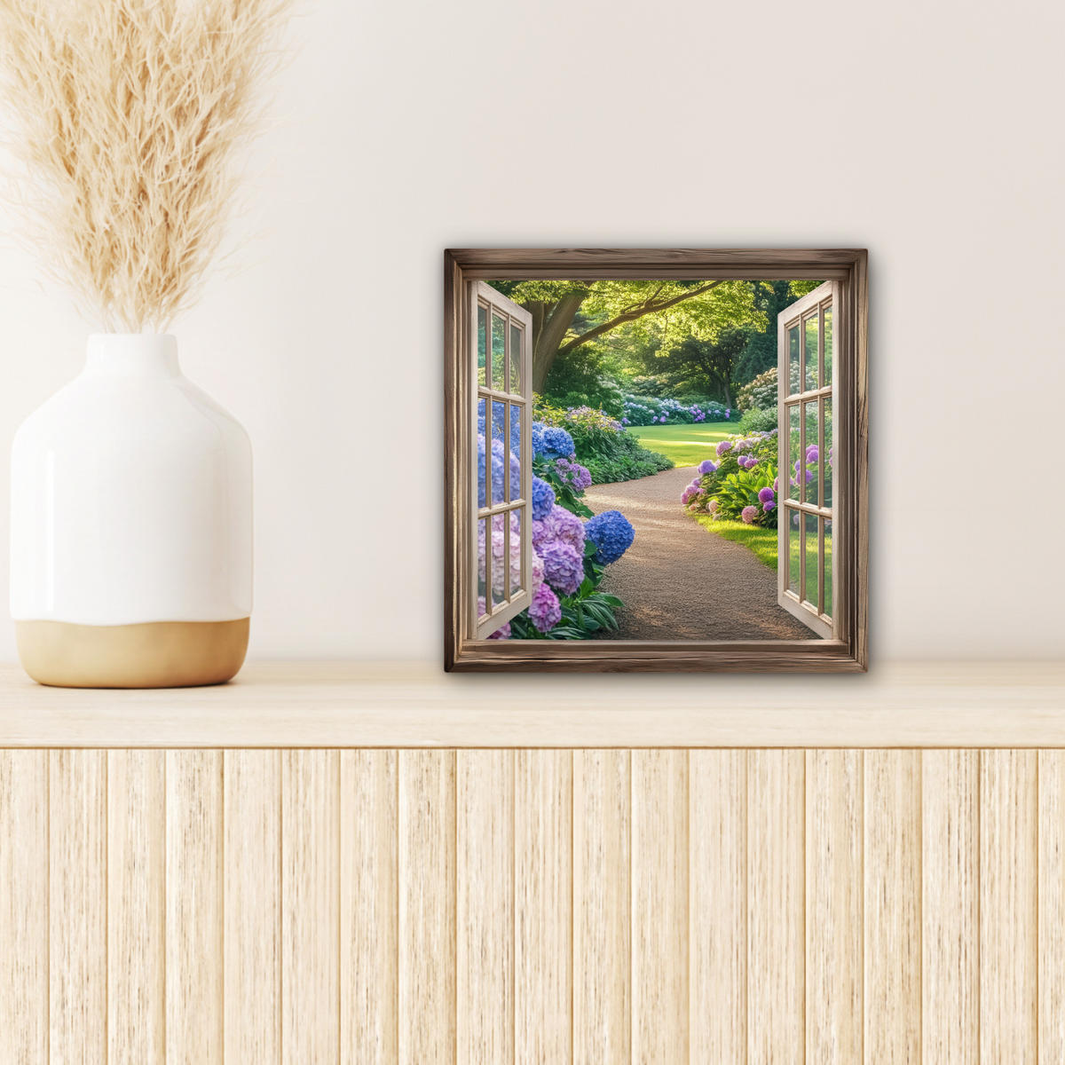 LEINWANDBILD Aussicht - Garten - Fenster - Hortensie - Blumen 20x20 cm - Pastellblau, Textil (20/20cm) - MuchoWow