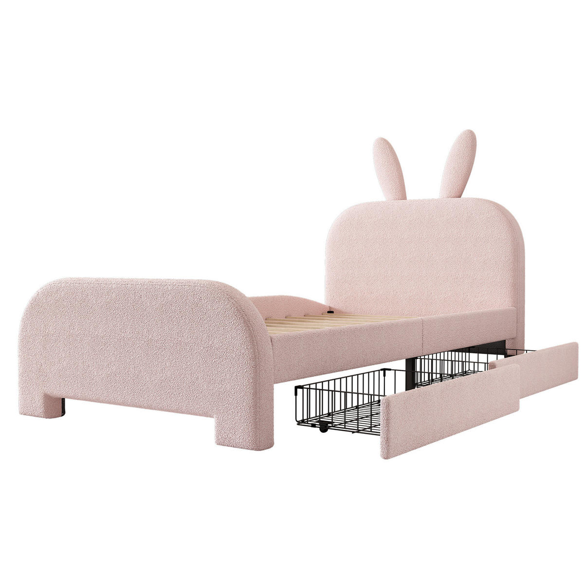 BETT 90/200 cm rosa Kaninchenform mit zwei Schubladen - Rosa, Textil (90/200cm) - OKWISH