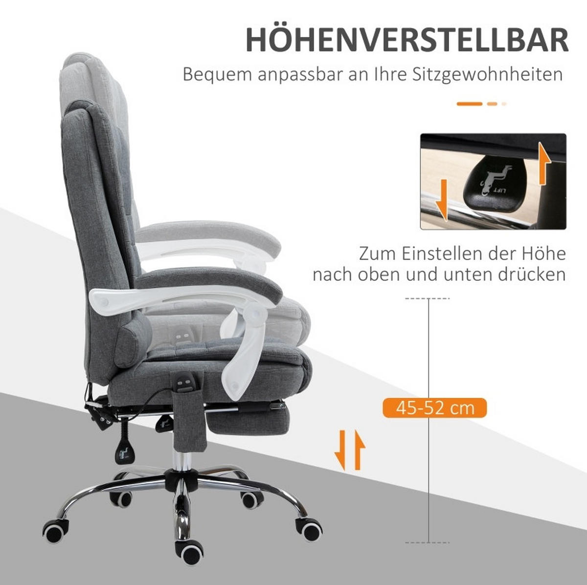 DREHSTUHL 65/70/111-119 cm grau aus Polyester mit Massage und Fußstütze - Grau, Kunststoff (70/119/65cm) - OKWISH