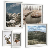 BILDER SET 5er Set - 50x50 cm & 20x30 cm & 40x60 cm Weißer Rahmen - Berge, Schnee, Hirsche, Waldlandschaft - Weiß, Kunststoff (40/60cm) - TULUP
