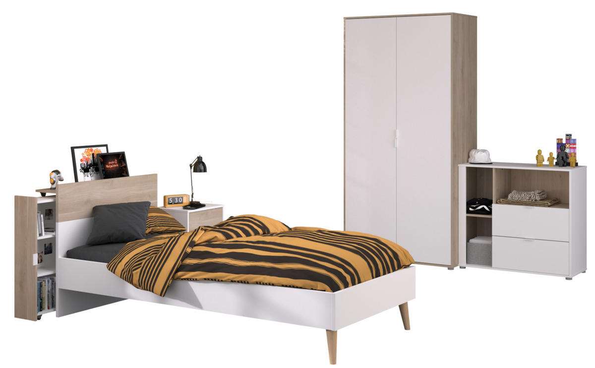 JUGENDZIMMER weiß, Eiche, Komplett-Set 5-teilig mit vielen Fächern - Eichefarben/Weiß, Holzwerkstoff (95/205/206cm) - Parisot Meuble