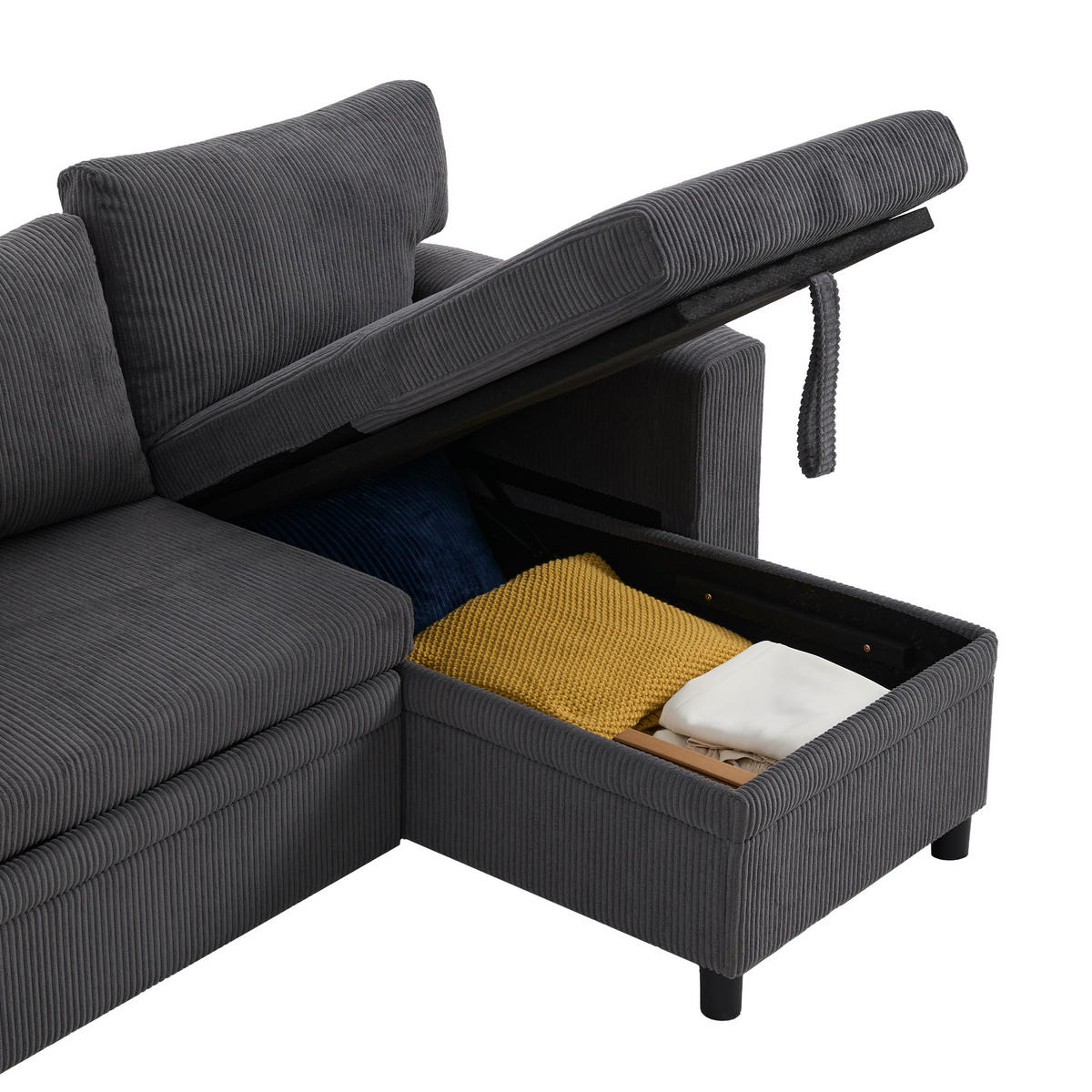 SCHLAFSOFA aus Cord Grau 231x131,5x84 cm mit Stauraum, USB- und Typ-C-Anschluss - Grau, Textil (131.5/84/231cm) - IVMEU