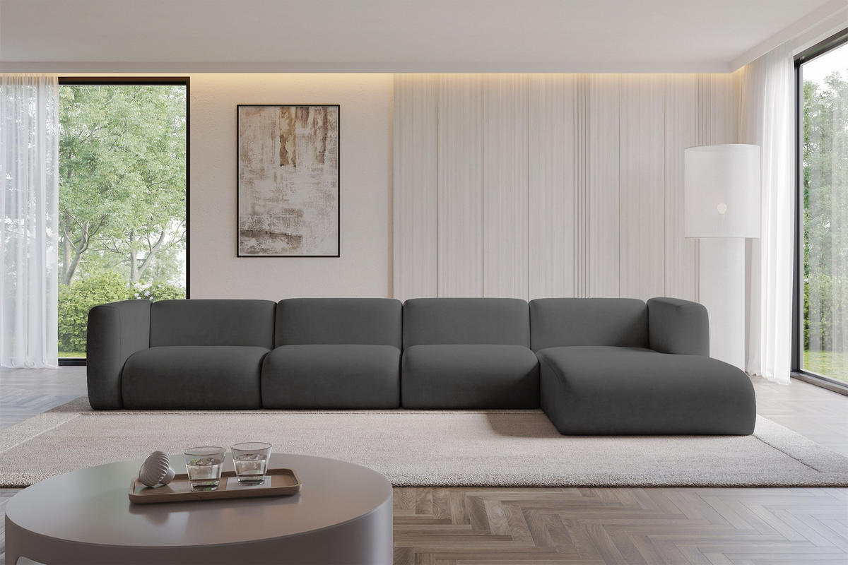 ECKSOFA Ottomane Rechts MIRA-L3 409x179x70 Dunkelgrau Velours - Dunkelgrau/Schwarz, Holzwerkstoff/Kunststoff (409/179cm) - ALTDECOR