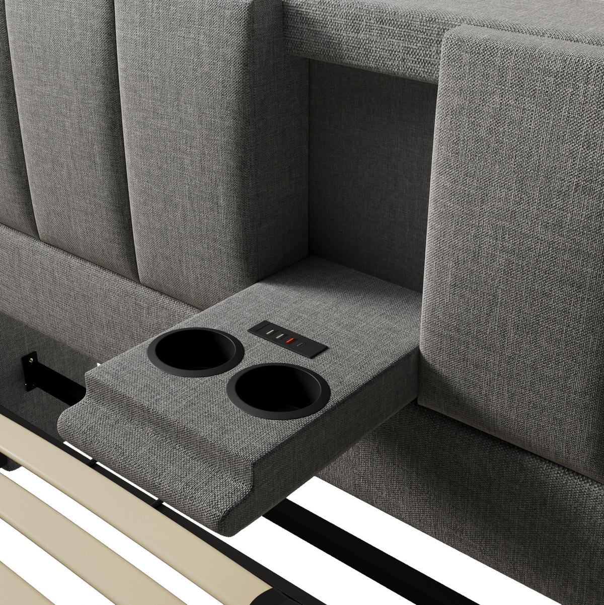 BETT mit Stauraum und Ladestation 140x200 cm Leinen Grau mit Matratze - Grau, Metall (140/200cm) - Beauniv