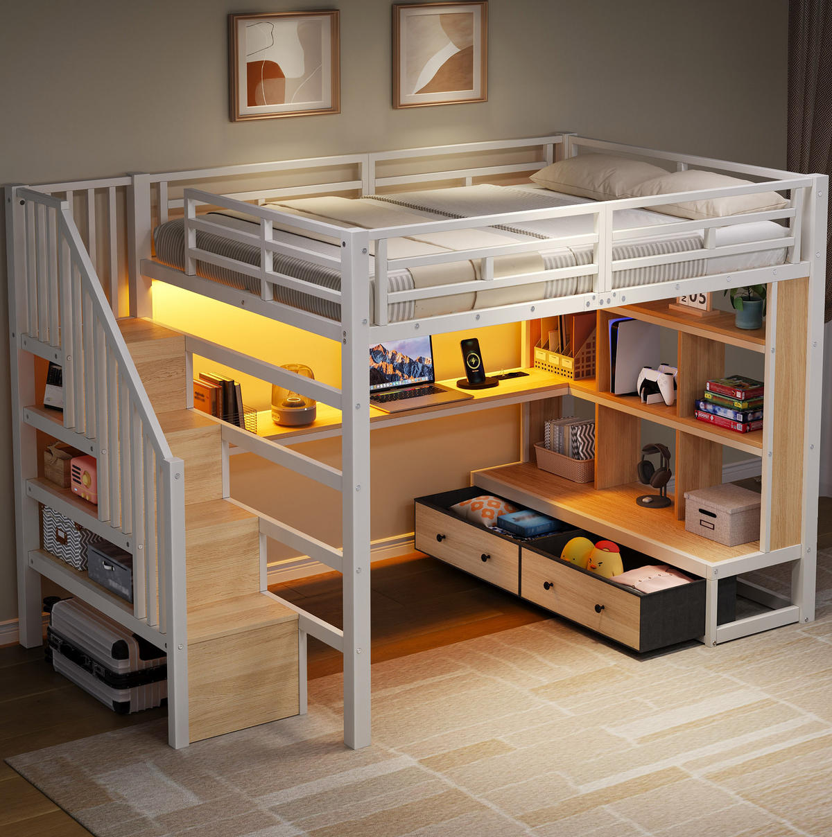 HOCHBETT 140/200 cm Weiß mit Schreibtisch, Regalen und LED - Weiß, Metall (140/200cm) - MIVRAY