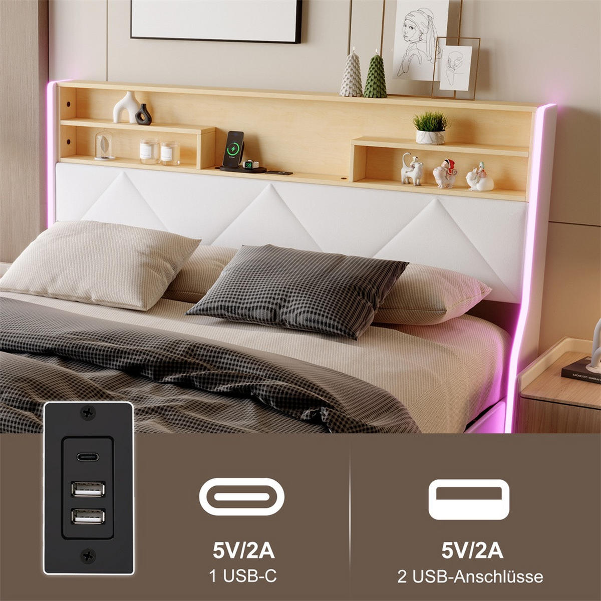 POLSTERBETT 140x200 cm mit LED-Beleuchtung - USB-Ladestation und hydraulischem Stauraum - Weiß PU-Leder - Weiß, Textil (140/200cm) - DELFA