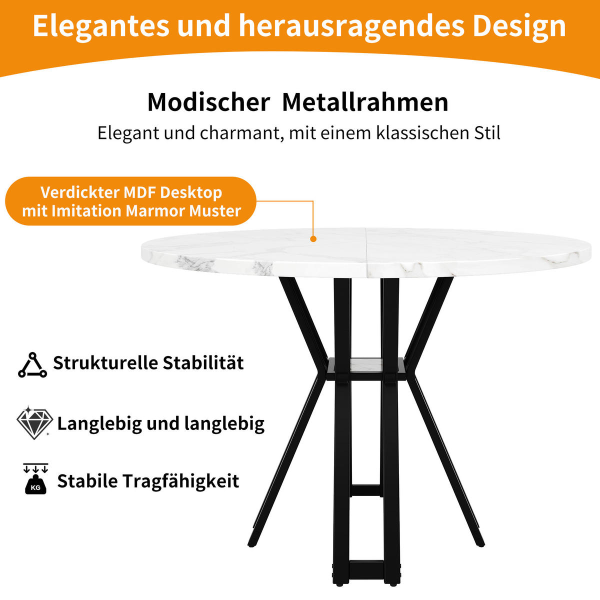 ESSTISCH, MDF-Tischplatte in Marmoroptik & Metallgestell, 100/100/76 cm, Schwarz - Schwarz, Holzwerkstoff (100/100/76cm) - Redom