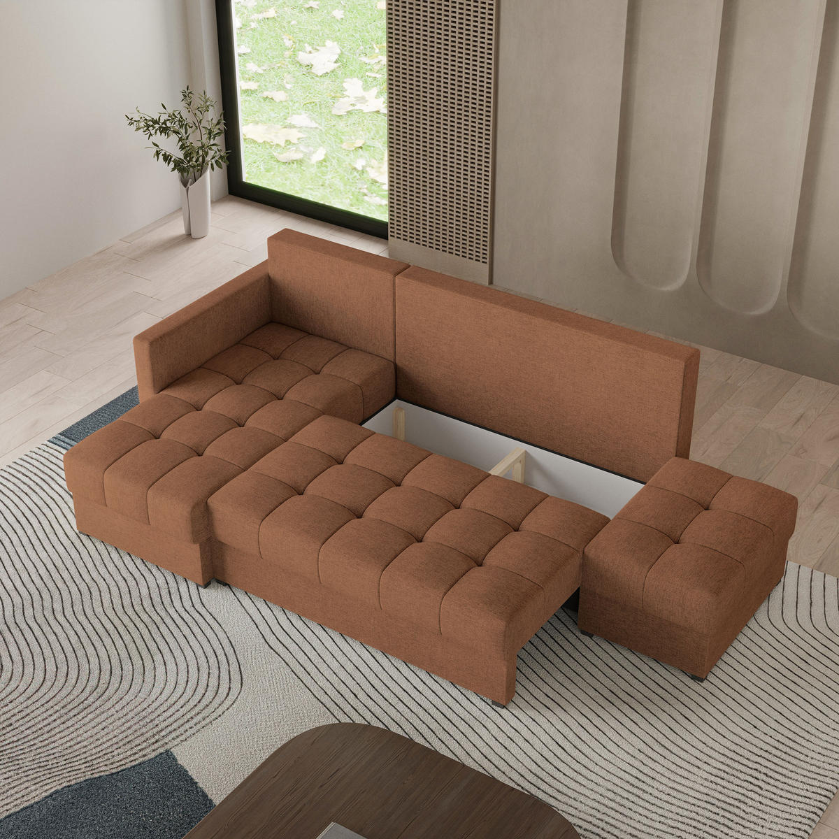 ECKSOFA LUMARI L-S Kupferfarben Plüsch-Stoff mit Schlaffunktion - Kupferfarben, Holz (262/143cm) - MASSENO