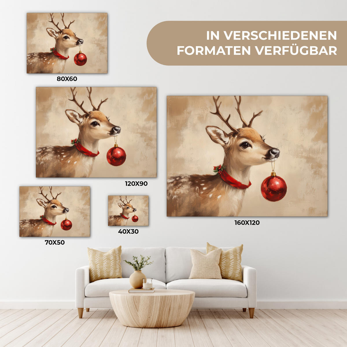 LEINWANDBILD Weihnachten - Hirsch - Geweih - Weihnachtskugel - Rentier Wandbilder 80x60 cm - Hellbraun, Textil (80/60cm) - MuchoWow
