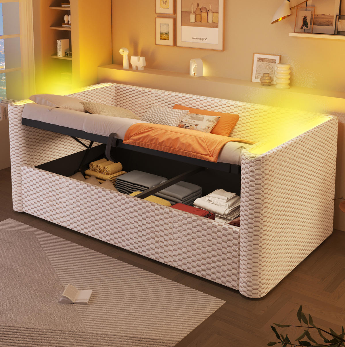 BETT 90/200 cm aus Samt in Beige mit LED-Beleuchtung und Stauraum - Beige, Textil (90/200cm) - Flora Grace