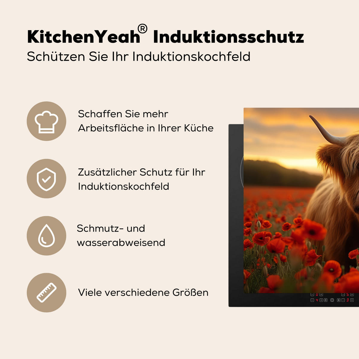 HERDABDECKPLATTE Schottische Highlander - Rosen - Blumenfeld - Sonnenuntergang Induktionsmatte 77x59 cm - Rotbraun, Kunststoff (77/59/0.2cm) - MuchoWow