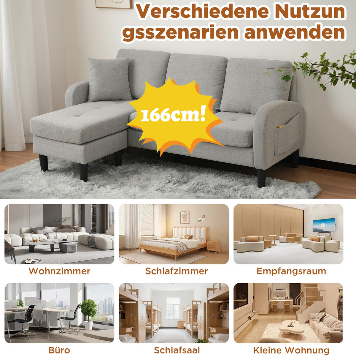SOFA modular mit Chaiselongue 166 x 118 x 77 cm Grau - Grau, Kunststoff (166/118cm) - IVMEU
