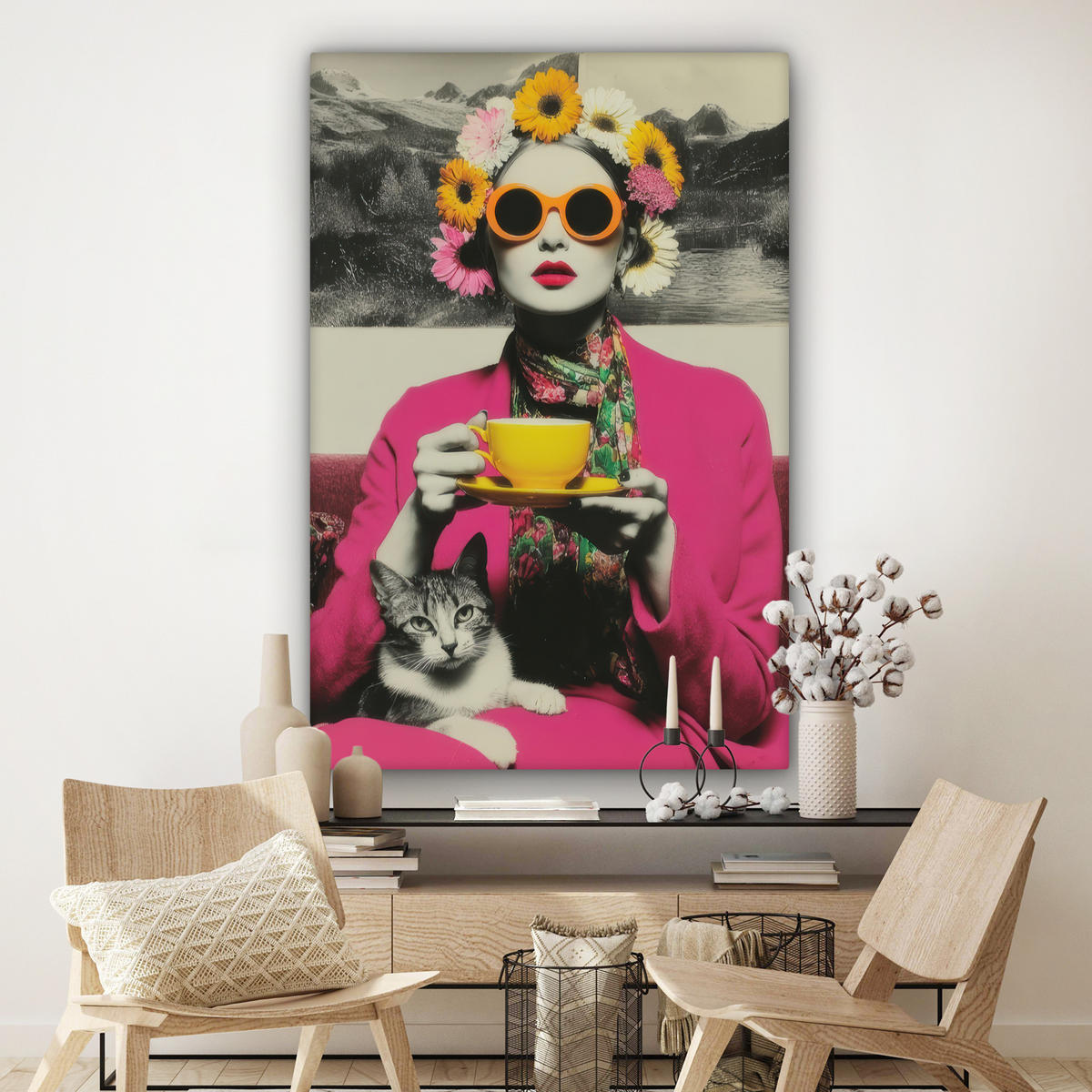 OBRAZ NA PLÁTNĚ Žena - kočka - květiny - šálek - retro 90x140 cm - purpurová, textil (90/140cm) - MuchoWow